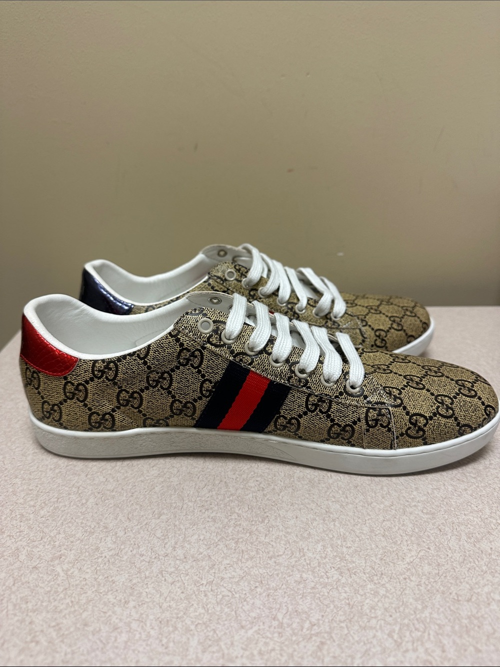 Monogram Pattern Low-Top Sneakers in Brown with Red & Blue Stripe- US-11.5/12 - Picture 7 of 7